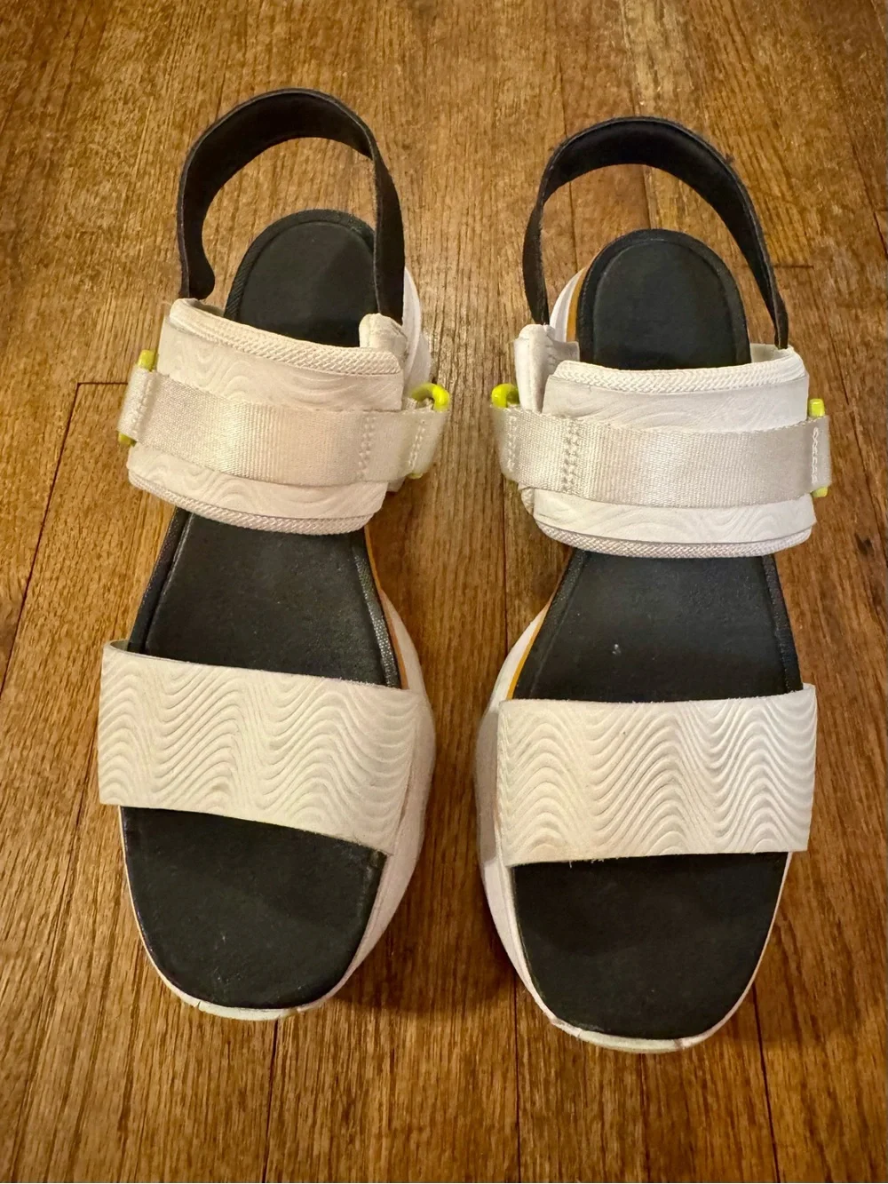 Sorel Kinetic White Platform Sandals with Black Footbed
